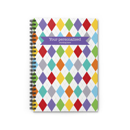 Colourful argyle pattern spiral notebook with customised front cover with personalised wording 