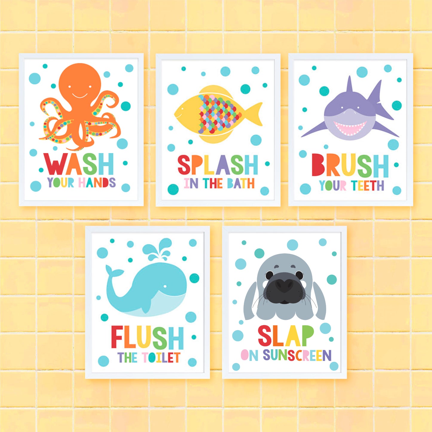 Kids bathroom sea art print set