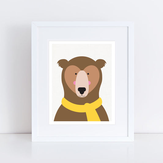 Bear wearing yellow scarf illustration print in white frame