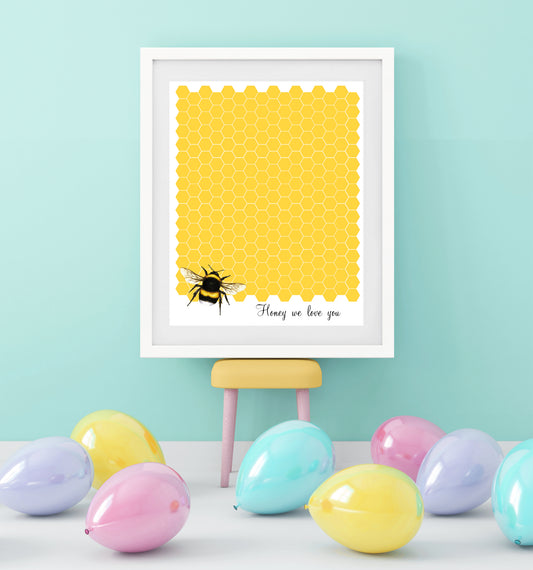 bumble bee illustration with honey we love you at a party as a guest book sign in poster