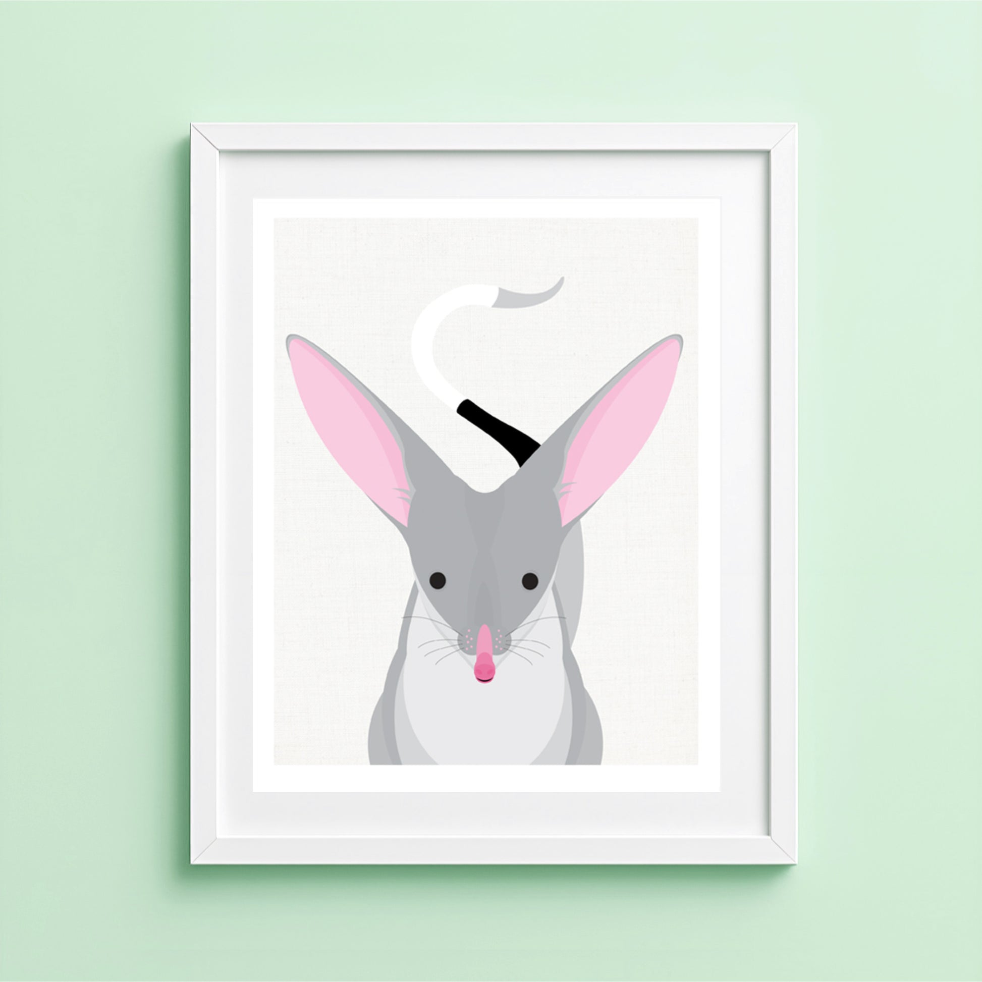 Illlustration of a gray bilby with pink ears on a light green background