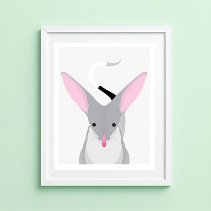 Illlustration of a gray bilby with pink ears on a light green background