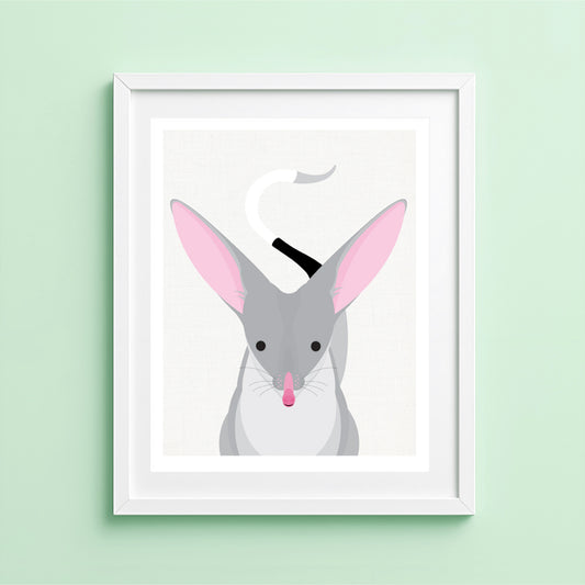 Illlustration of a gray bilby with pink ears on a light green background