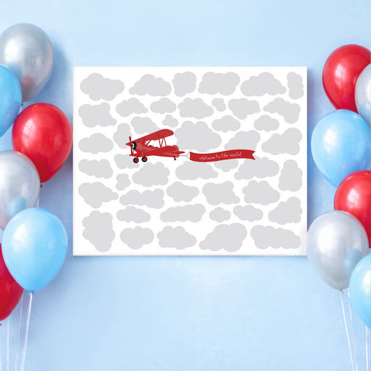 Newborn baby shower poster with red airplane and 'Welcome to the world' text, surrounded by colorful balloons on a light blue background.
