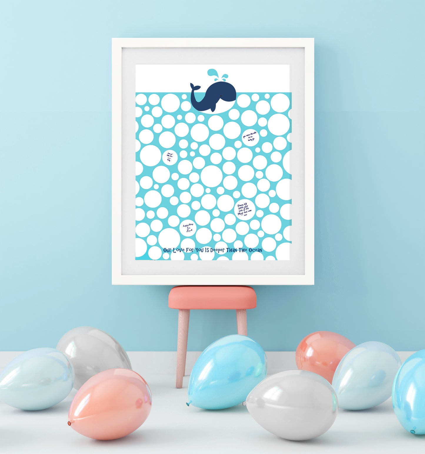 whale themed or nautical themed baby shower guest book poster in frame at party or whale with bubbles in the sea below