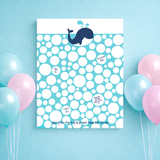 Guess book poster artwork with whale design and balloons on a blue background