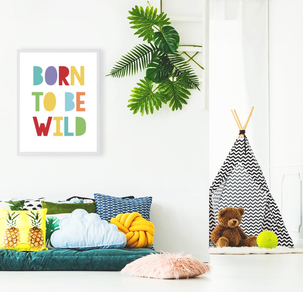 Kids playroom with sofa and teepee and big BORN TO BE WILD poster