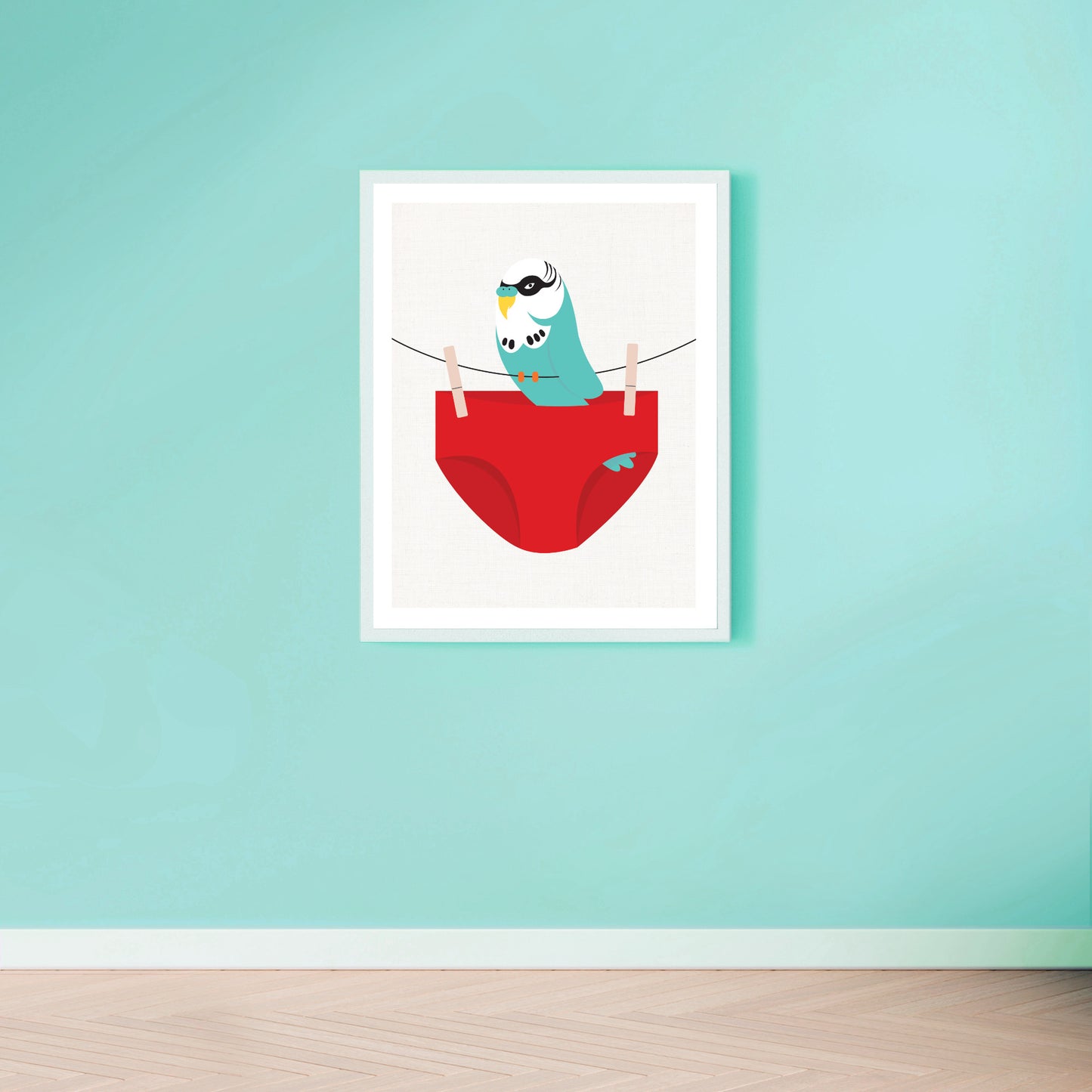 Budgie and swimming trunks print