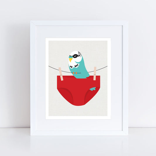 Cheeky Aussie print of With a budgie sitting on a washing line with red swimmers wearing a mask