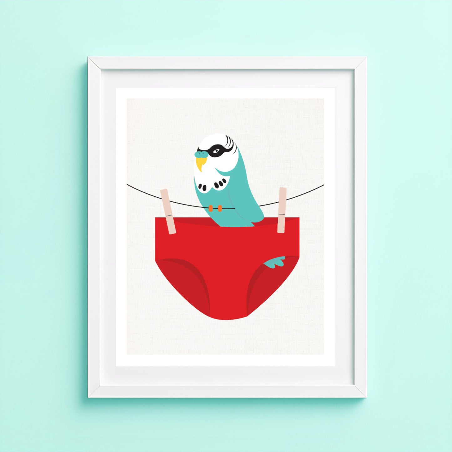 Budgie art print perched in red swimming trunks on a clothesline
