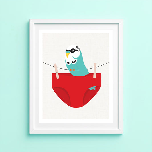 Budgie art print perched in red swimming trunks on a clothesline