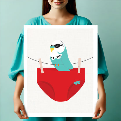 A playful turquoise budgie wearing a mask sits inside bright red swimming trunks pegged to a clothesline. The artwork is held by a woman in a teal dress against a matching teal background.