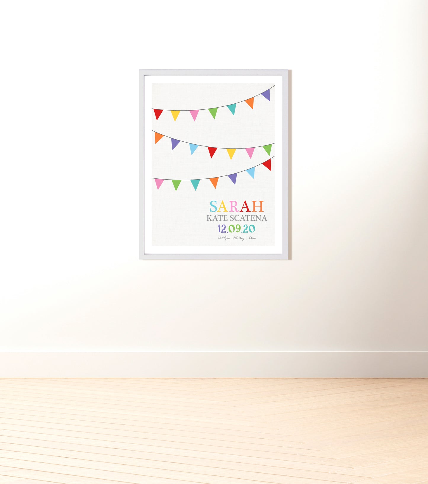 Colourful bunting custom birth stats print