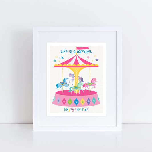 Artwork of a carousel with horses and 'Life is a carousel, enjoy the ride' text on a white background.