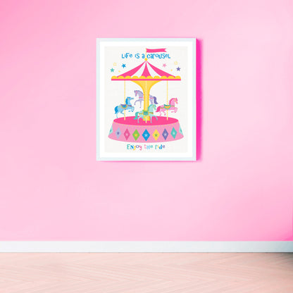 Artwork of a carousel with 'Life is a Carousel' text on a pink wall.