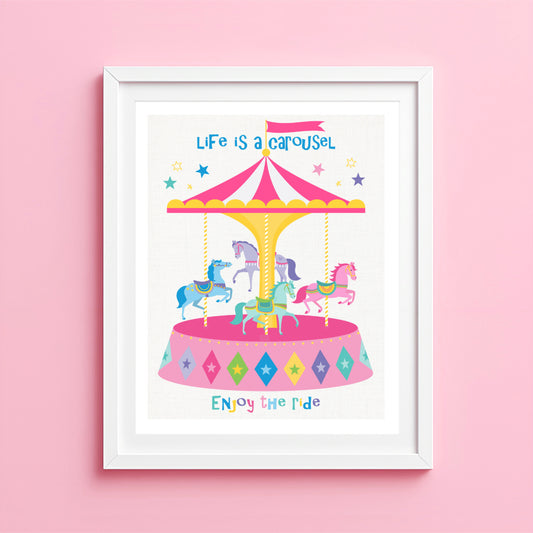 Artwork of a carousel with 'Life is a Carousel, Enjoy the Ride' text on a pink background