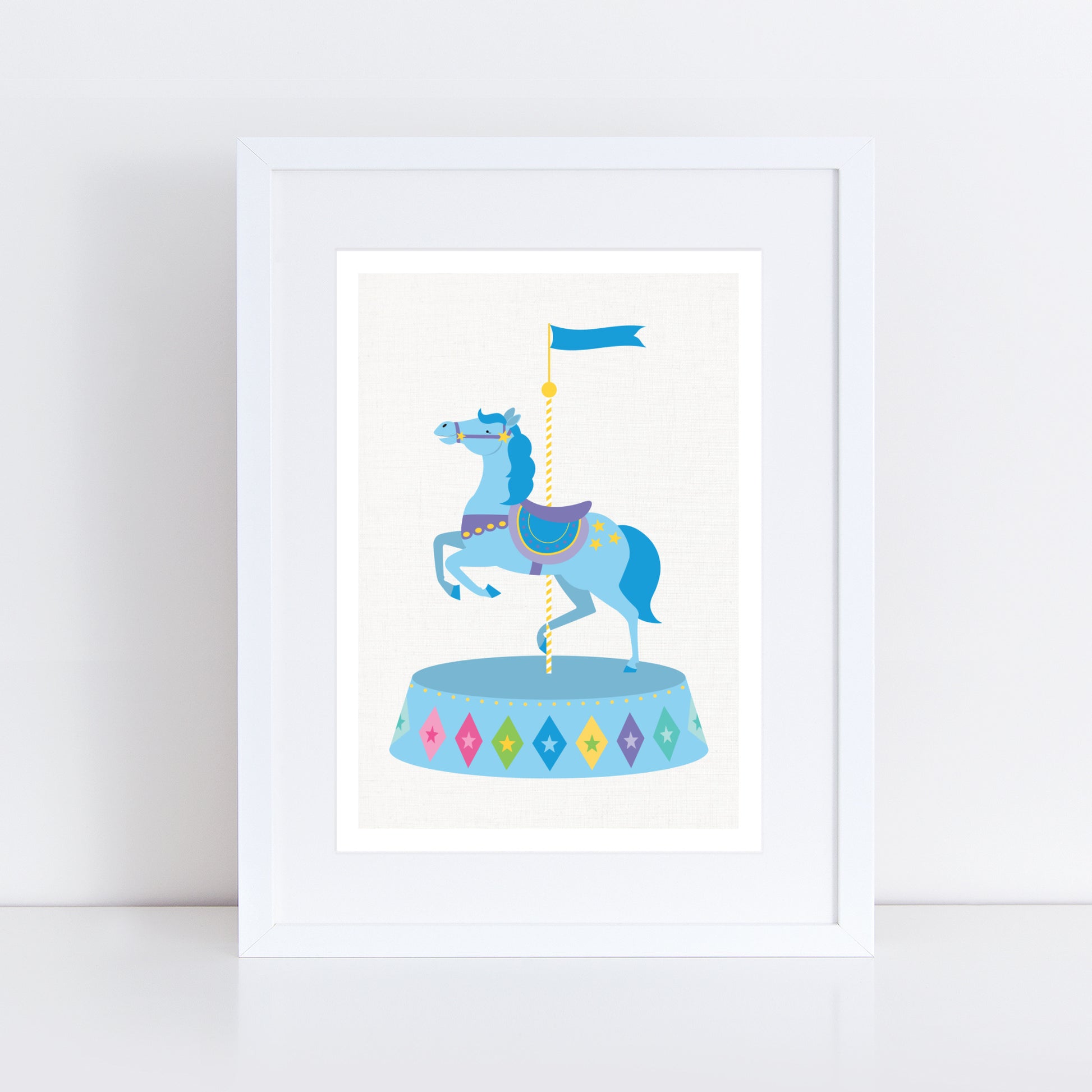 artwork of a blue carousel horse with a colorful base on a white wall.