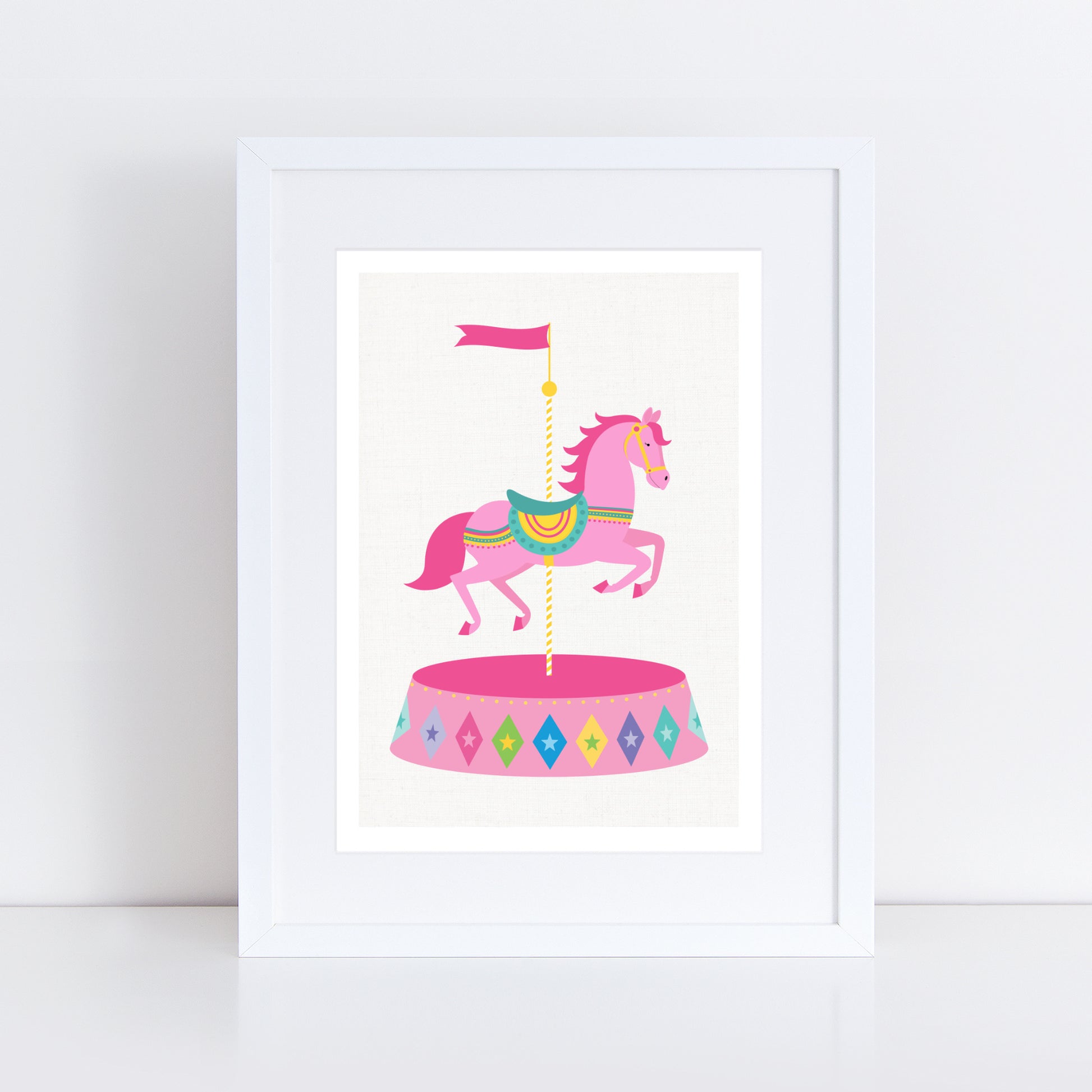 artwork of a pink carousel horse with a colorful base 