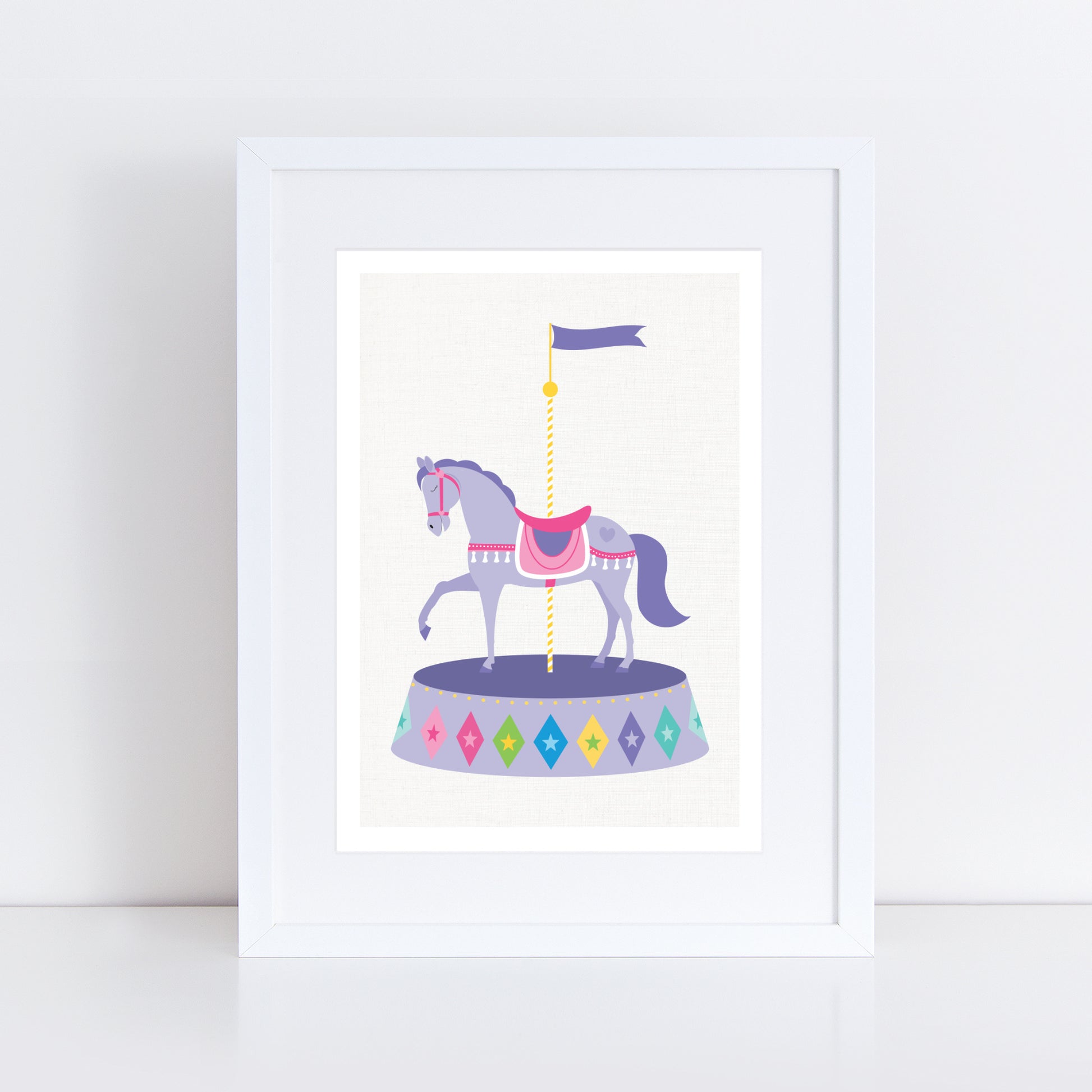 artwork of a purple horse on a carousel 