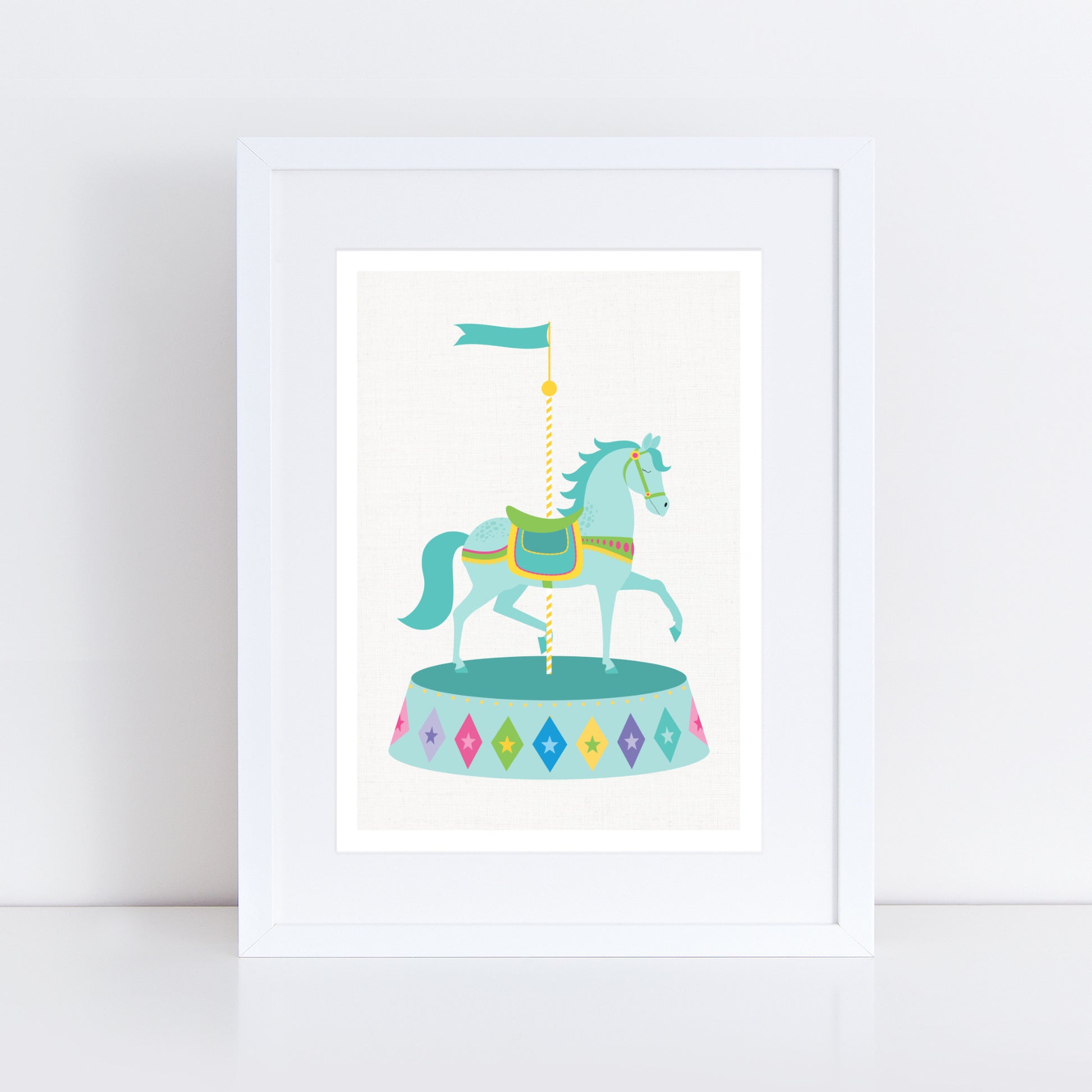 artwork of a turquoise carousel horse 