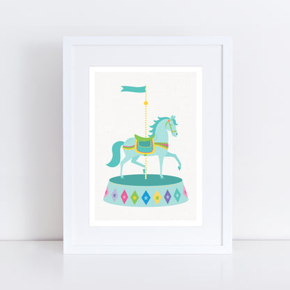 artwork of a turquoise carousel horse 