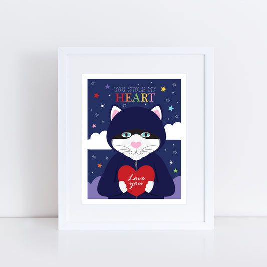 Cat burglar a mischievous feline dressed in a hoodie, holding a bright red heart with the word "Love you" written inside, this charming illustration includes the phrase "You Stole My Heart" at the top.