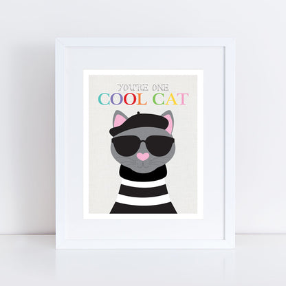 Beatnik cat in striped jumper, beret and sunglasses with you're one cool cat text