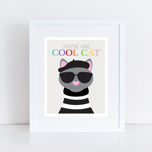 Beatnik cat in striped jumper, beret and sunglasses with you're one cool cat text