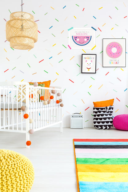 colourful kids bedroom with prints on the wall