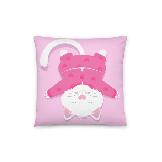 cute pink cushion cover features an adorable sleeping cat in it's pink PJs