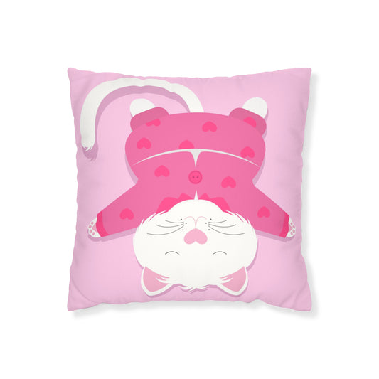 cute pink cushion cover features an adorable sleeping cat in it's pink PJs 