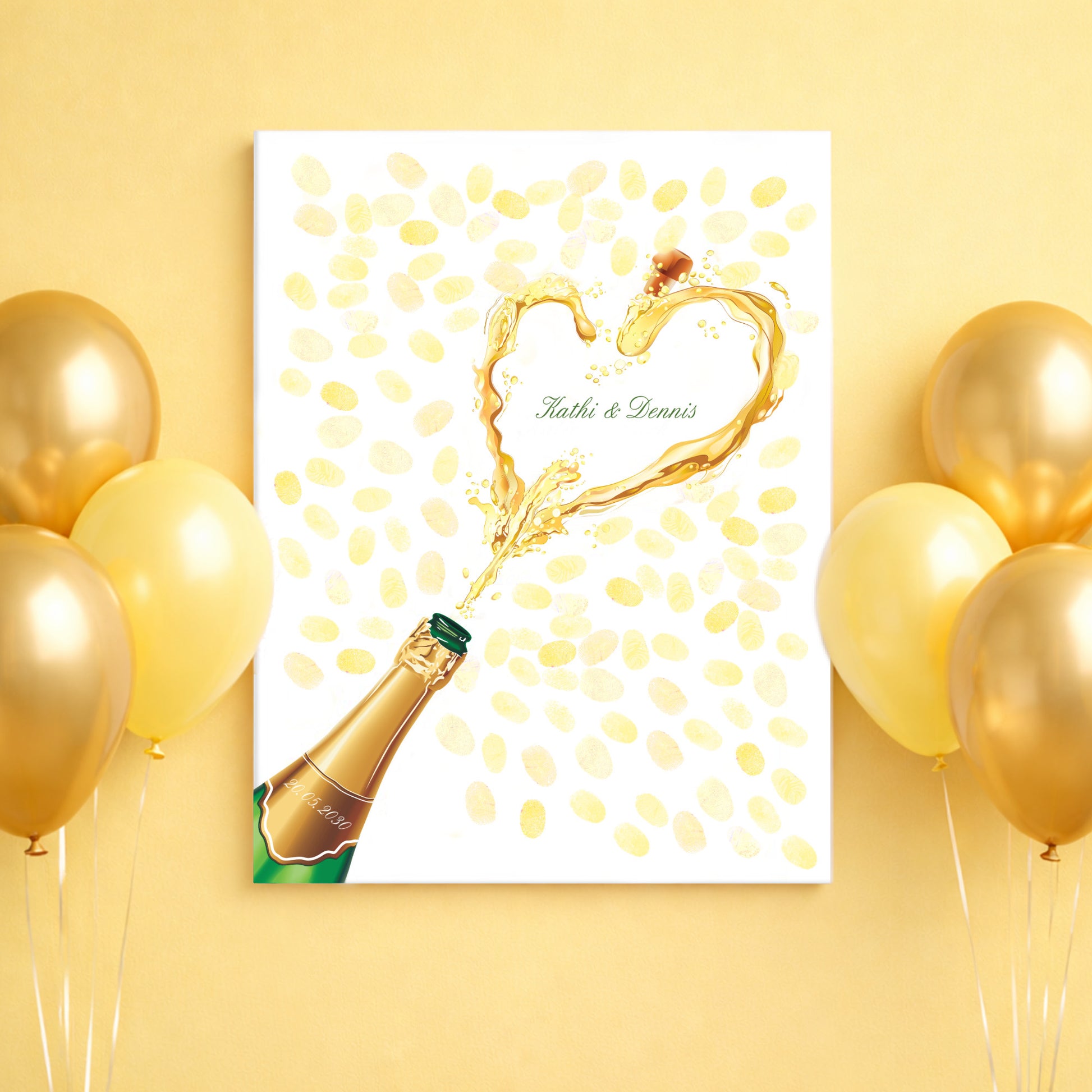 Fingerprint guestbook alternative of champagne bottle with heart-shaped splash on a card surrounded by gold and yellow balloons on a yellow background