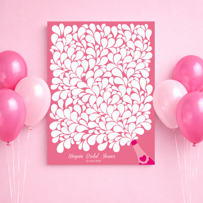 Pink and white splash patterned backdrop with balloons on a pink background