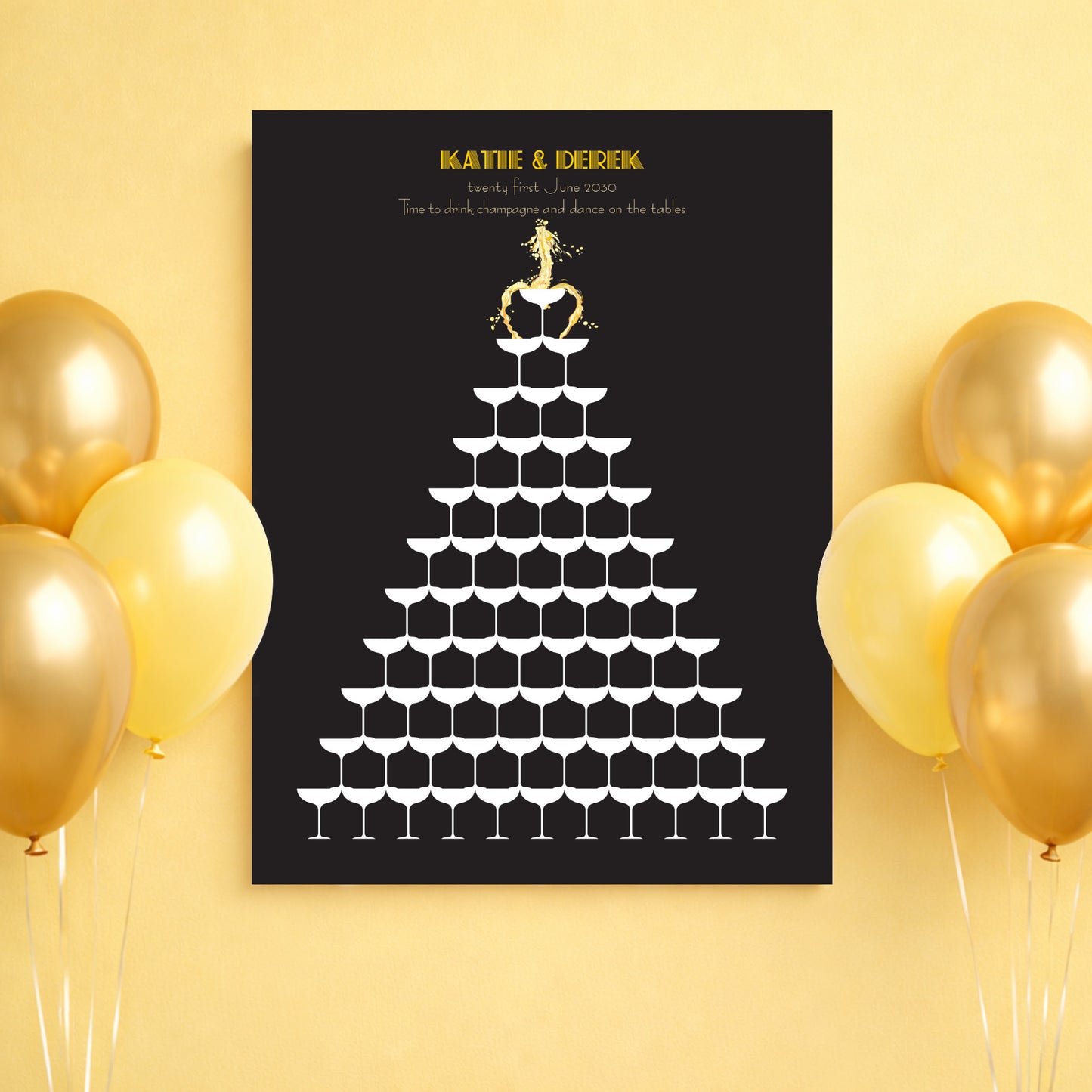 Wedding guest book alternative with wine glass tower design on a yellow background with balloons.