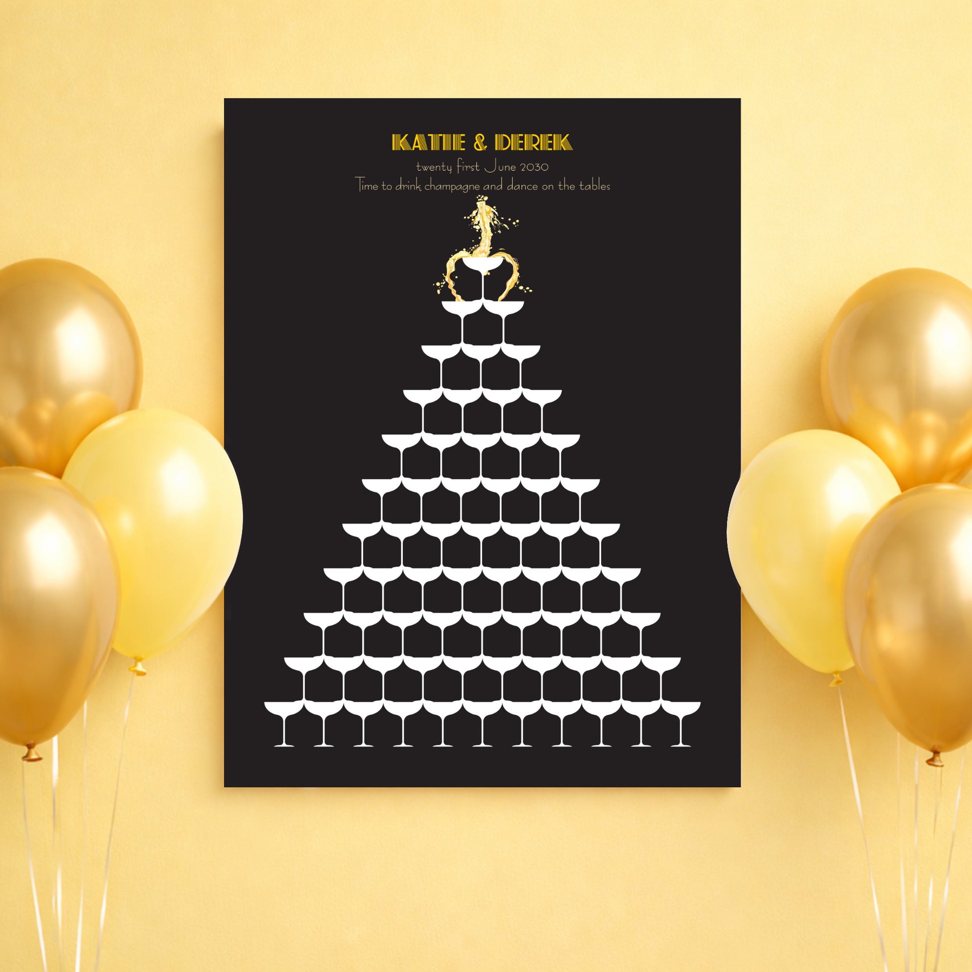 Wedding guest book alternative with wine glass tower design on a yellow background with balloons.