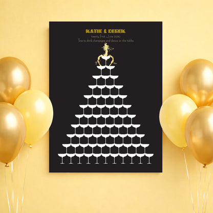 Wedding guest book alternative with wine glass tower design on a yellow background with balloons.