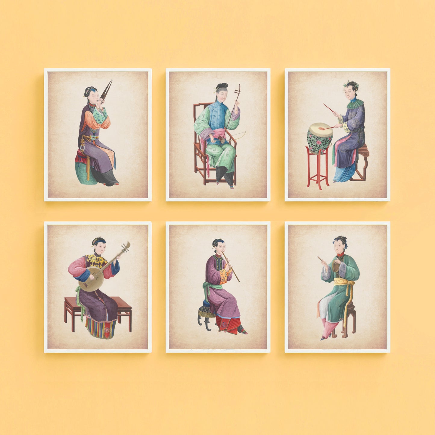 Vintage Chinese musician wall art prints displayed as a chinoiserie gallery wall