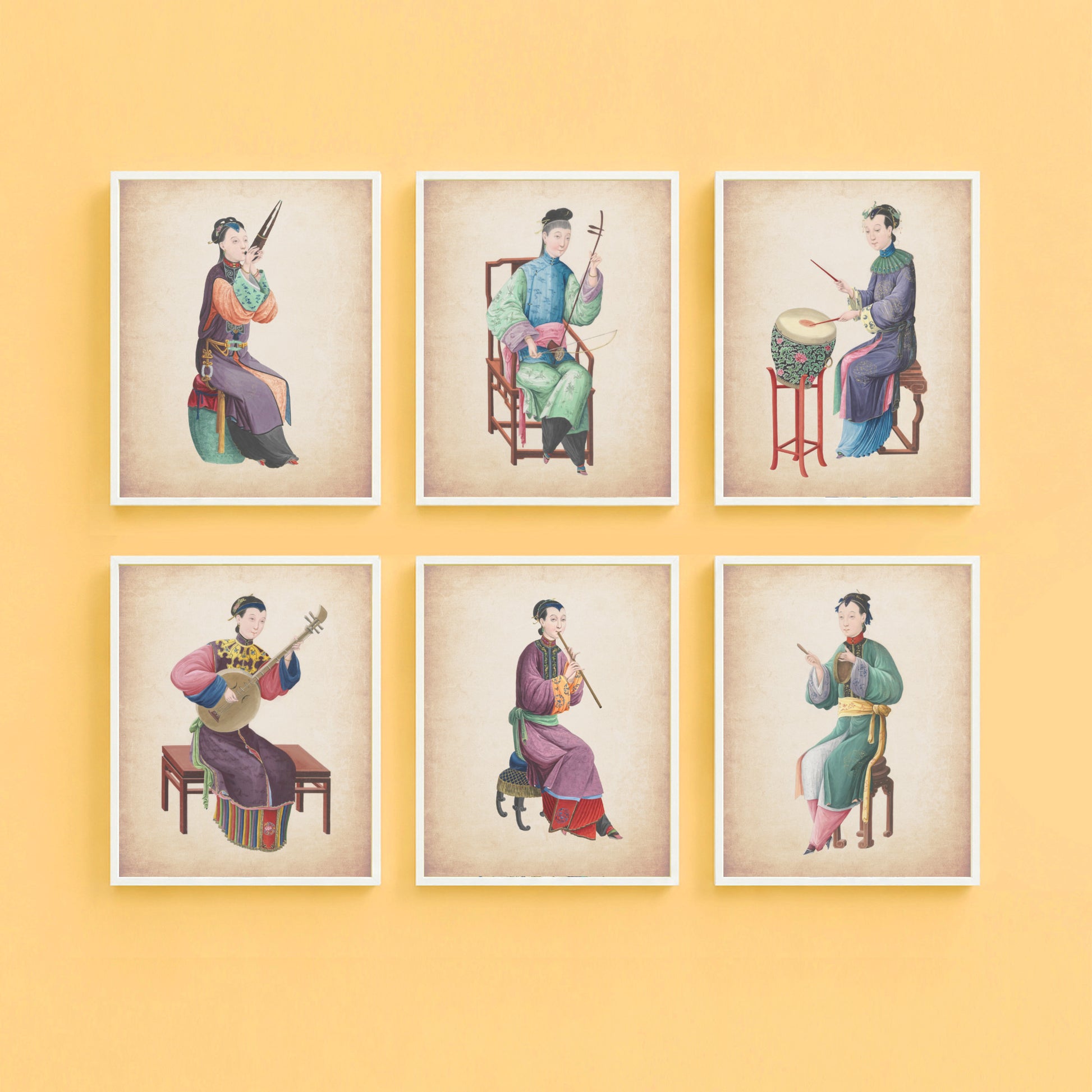 Vintage Chinese musician wall art prints displayed as a chinoiserie gallery wall