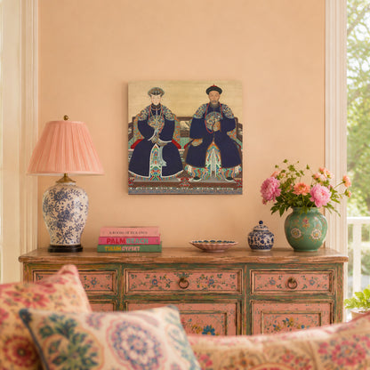 Decorative interior with a painting of two Chinese figures on a wall above a wooden dresser with floral patterns.