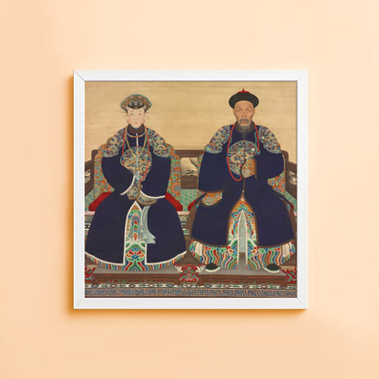 Vintage Chinese ancestor couple wall art portrait with ornate embroidered robes