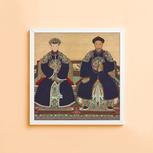 Vintage Chinese ancestor couple wall art portrait with ornate embroidered robes
