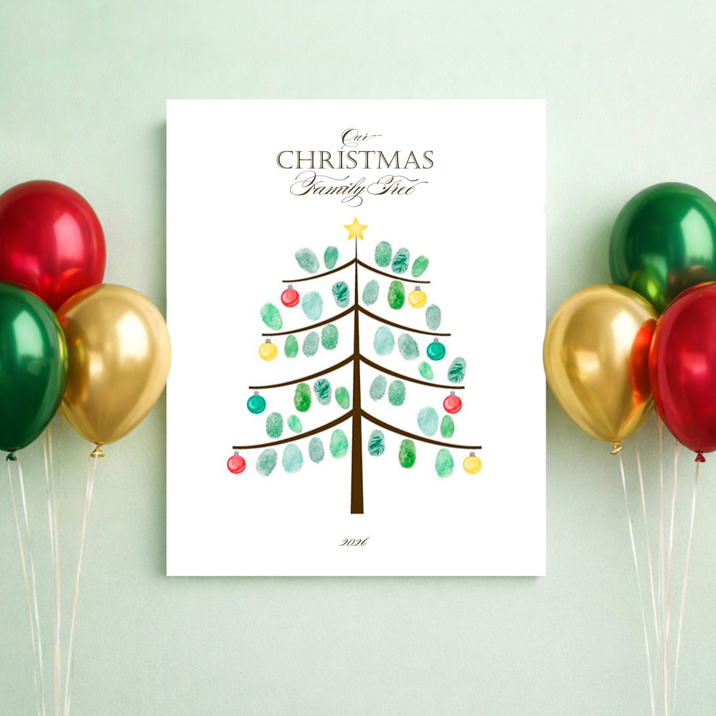 Christmas themed fingerprint tree poster with balloons on a light green background