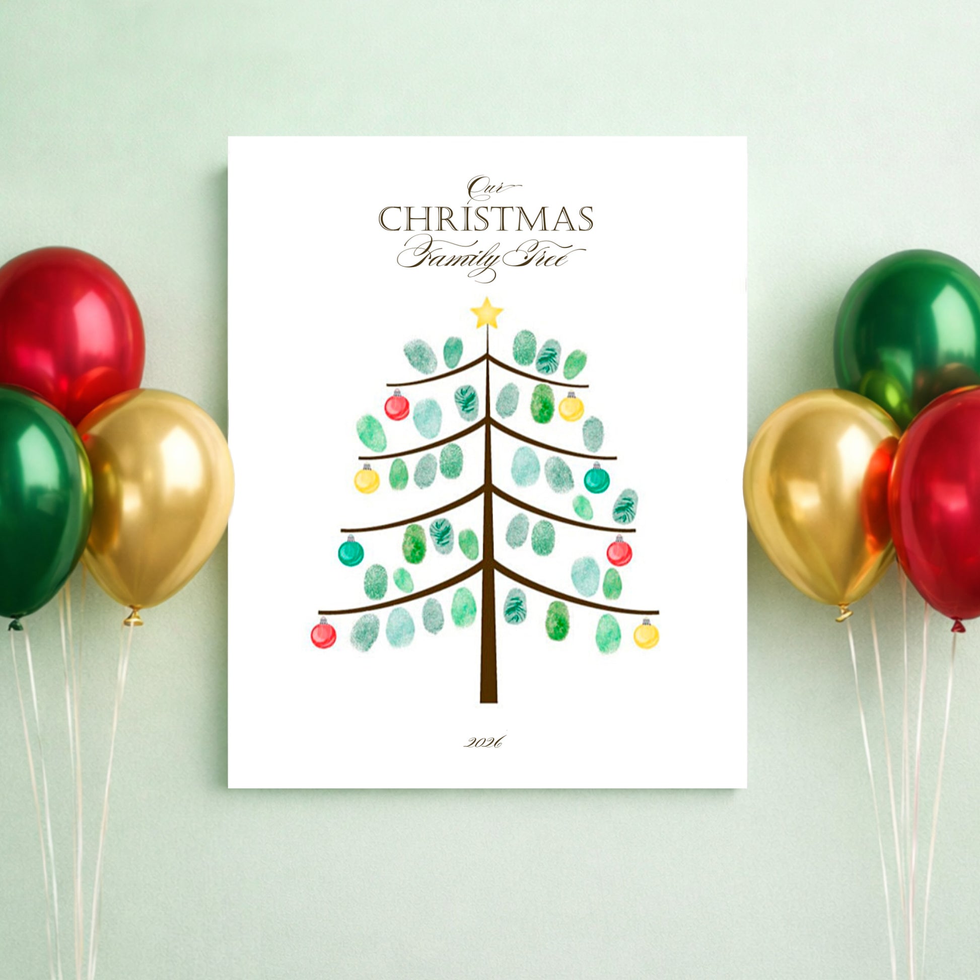 Christmas themed fingerprint tree poster with balloons on a light green background