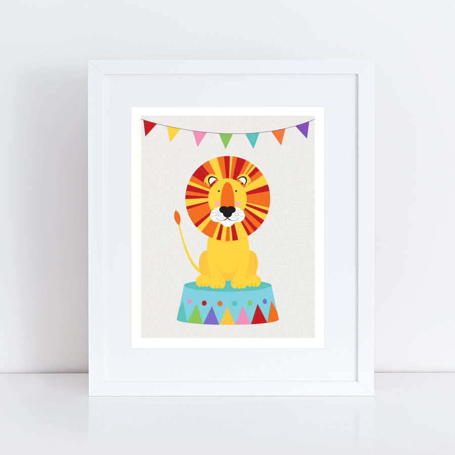 colourful fun circus lion print sitting on stand with bunting above