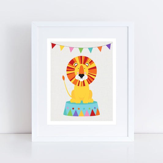 colourful fun circus lion print sitting on stand with bunting above