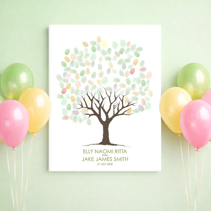 Fingerprint tree artwork with balloons on a light green background