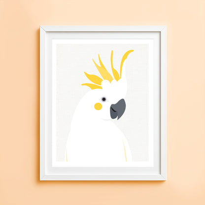 Australian cockatoo art print featuring sulphur crested cockatoo
