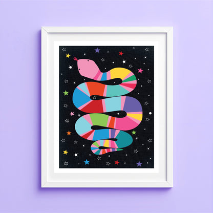 Artwork of a colorful snake with starry background on a purple wall