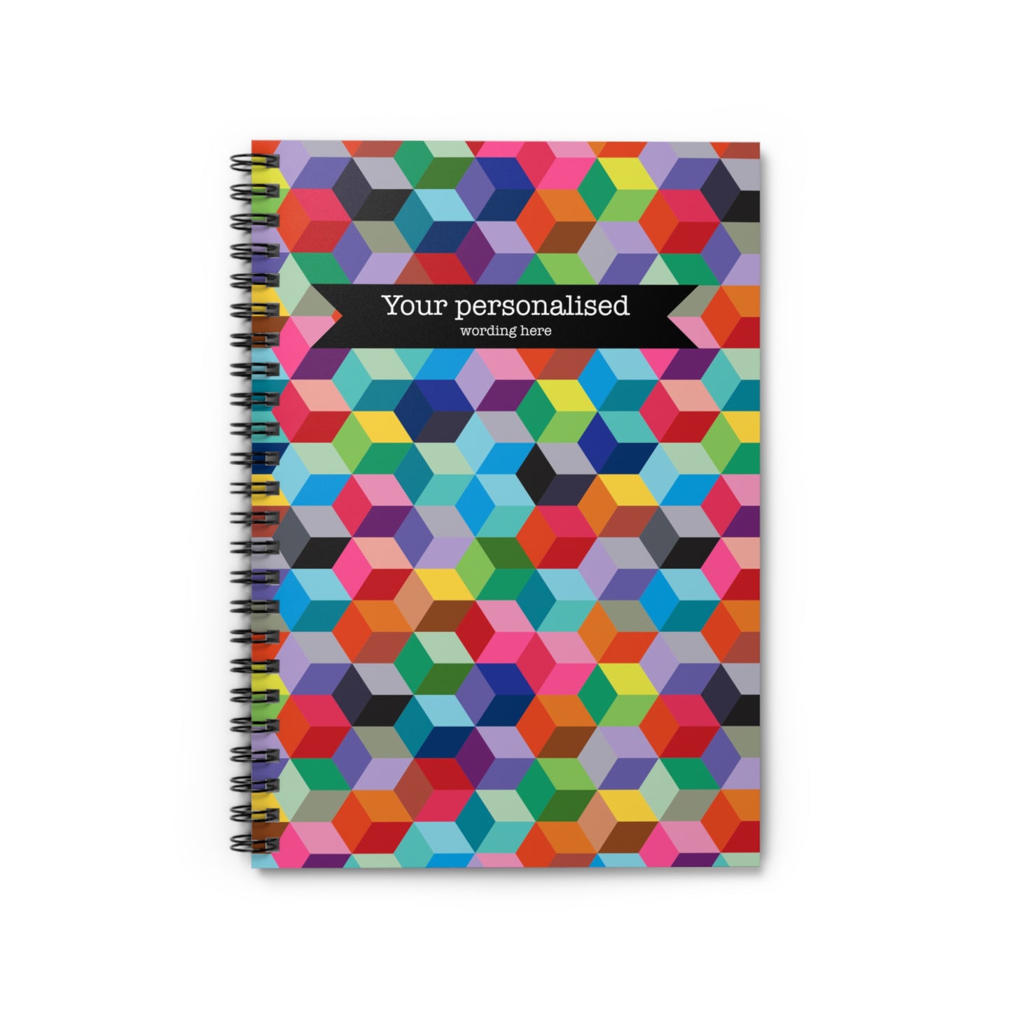 Bold and colourful cube pattern spiral notebook personalised front cover with your own wording