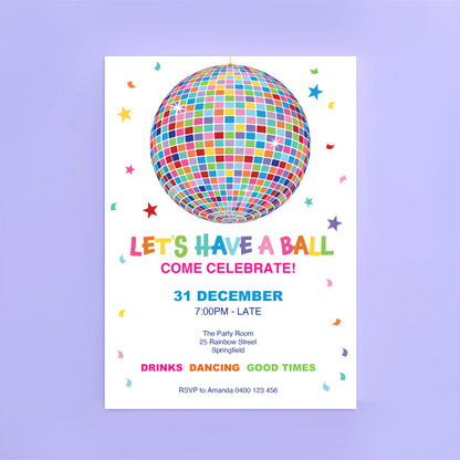 Colourful disco ball party invitation with editable text for a birthday or New Year’s Eve celebration.